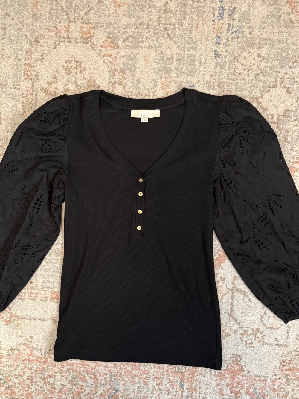 LOFT Black Eyelet Puff Sleeve Henley Top Women Size S Long Sleeve